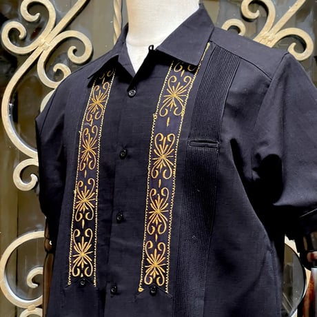 【予約商品】【 半袖 】【 ESG-01S-BG 】【 S/S GUAYABERA 】【 REJILLADA 】【 BLACK x GOLD 】【 黒 x 金 】