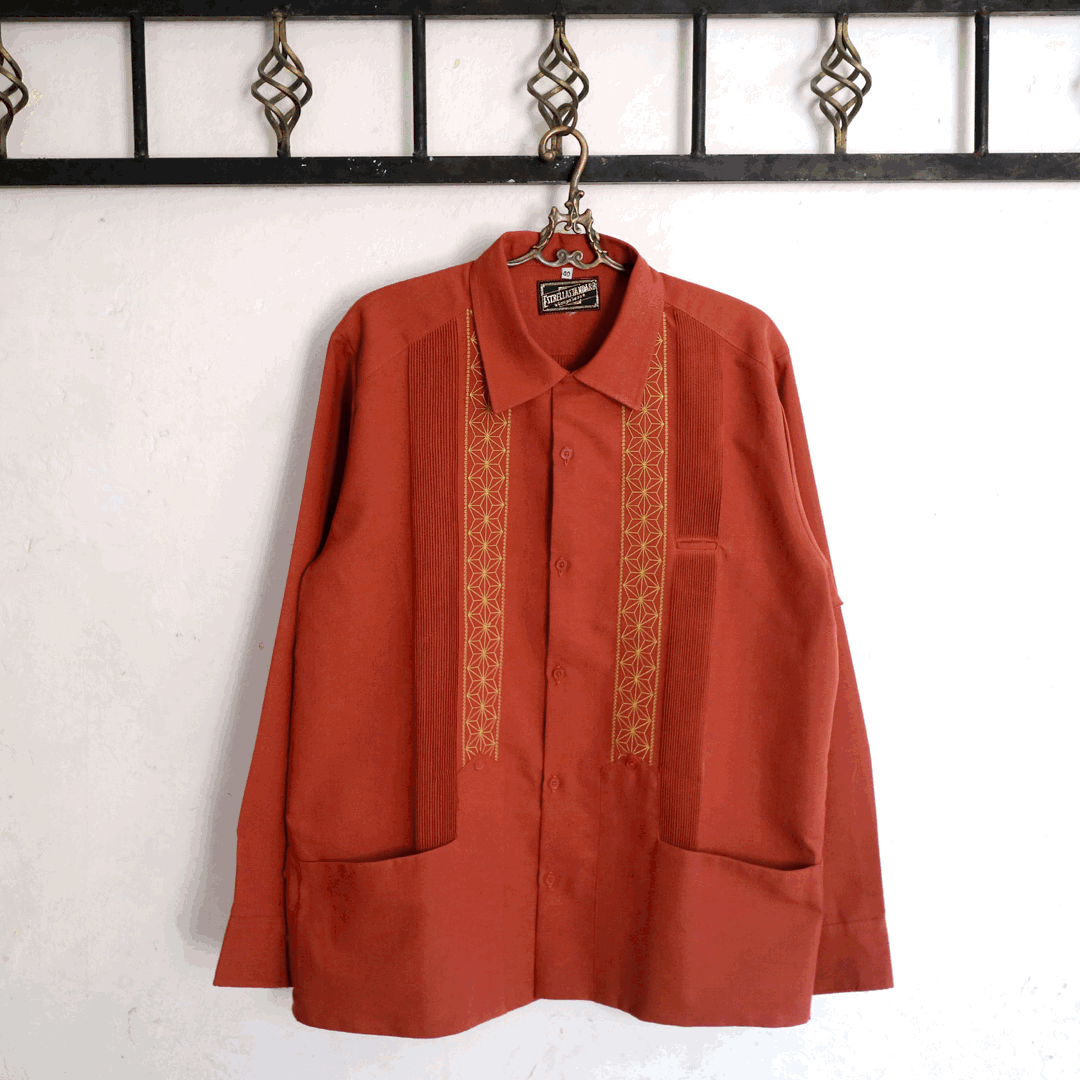 【2027年7月31日までにお届け】【受注生産】【長袖】【 ESGS-04L-ORG 】【 L/S GUAYABERA 】【REJILLADA ASA】【麻の葉柄】【ORANGExGOLD】