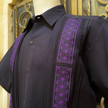 【半袖】【麻の葉柄】【 ESGS-10S-BPU】【 S/S GUAYAMISA ASA 】【BLACKxPURPLE】 【黒x紫】