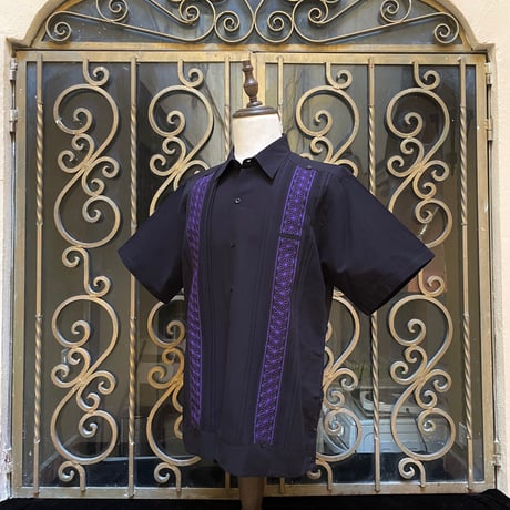 【半袖】【麻の葉柄】【 ESGS-10S-BPU】【 S/S GUAYAMISA ASA 】【BLACKxPURPLE】 【黒x紫】