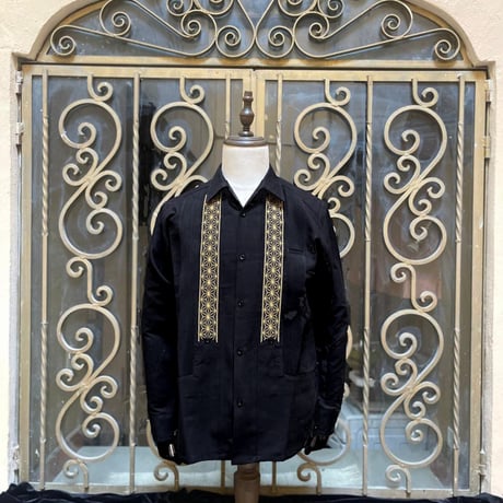 【2027年7月31日までにお届け】【受注生産】【長袖】【 ESGS-04L-BG 】【 L/S GUAYABERA 】【REJILLADA ASA】【麻の葉柄】【BLACK x GOLD】
