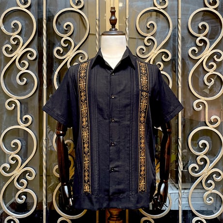 estrella standard 36 ブラック×ゴールド キューバシャツ 古着】エストレアスタンダードクジャベーラ キューバシャツ