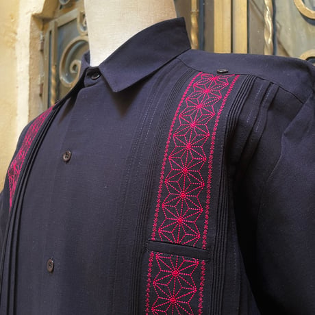 【半袖】【麻の葉柄】【 ESGS-10S-BBU】【 S/S GUAYAMISA ASA 】【BLACKxBURGUNDY】 【黒x臙脂色】