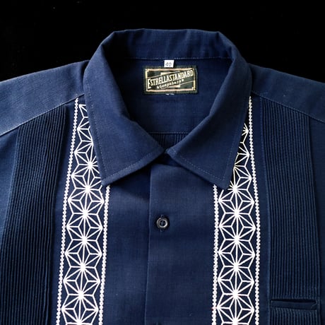 【2027年7月31日までにお届け】【受注生産】【長袖】【 ESGS-04L-NS 】【 L/S GUAYABERA 】【 REJILLADA ASA 】【 麻の葉柄 】【 NAVYxSILVER 】