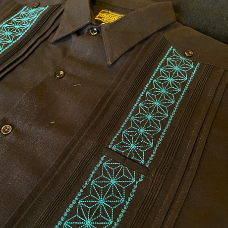 【長袖】【麻の葉柄】【 ESGS-10L-BJA】【 L/S GUAYAMISA ASA 】【BLACKxJADE】 【黒x翡翠】
