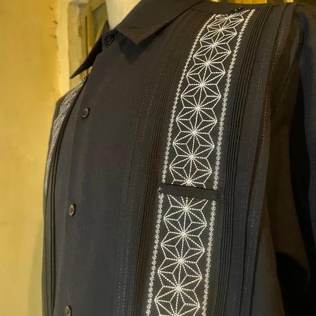 【長袖】【麻の葉柄】【 ESGS-10L-BW】【 L/S GUAYAMISA ASA 】【BLACKxWHITE】 【黒x白】