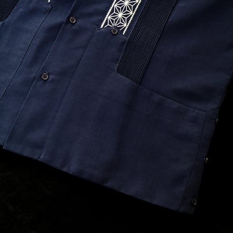 【2027年7月31日までにお届け】【受注生産】【長袖】【 ESGS-04L-NS 】【 L/S GUAYABERA 】【 REJILLADA ASA 】【 麻の葉柄 】【 NAVYxSILVER 】