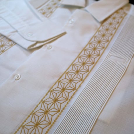 【2027年7月31日までにお届け】【受注生産】【長袖】【 ESGS-04L-WG 】【 L/S GUAYABERA 】【REJILLADA ASA】【麻の葉柄】【 WHITE x GOLD 】