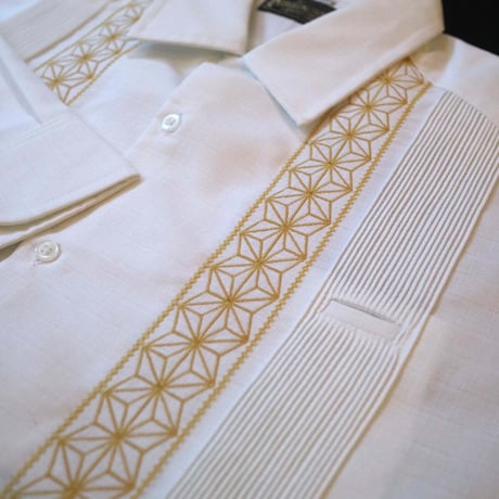 【2027年7月31日までにお届け】【受注生産】【長袖】【 ESGS-04L-WG 】【 L/S GUAYABERA 】【REJILLADA ASA】【麻の葉柄】【 WHITE x GOLD 】