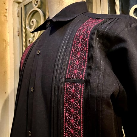【長袖】【麻の葉柄】【 ESGS-10L-BBU】【 L/S GUAYAMISA ASA 】【BLACKxBURGUNDY】 【黒x臙脂色】