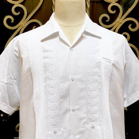 【2月〜3月納期】【受注生産】【半袖】【 ESGS-04S-W 】【 S/S GUAYABERA 】【 REJILLADA ASA 】【 麻の葉柄 】【 WHITE 】【白】