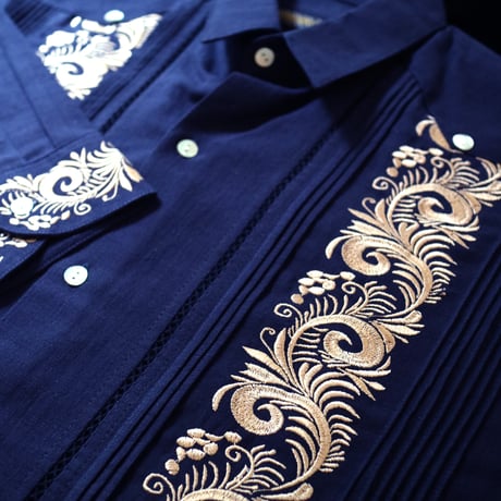 【お取り寄せ商品】【長袖】【袖刺繍】【IMP-101L-NG】【 L/S GUAYABERA 】【 NAVY x GOLD 】【 紺 x 金 】