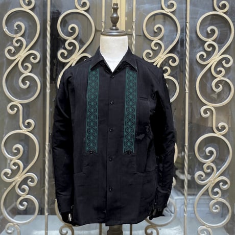 【2027年7月31日までにお届け】【受注生産】【長袖】【 ESGS-04L-BJA 】【 L/S GUAYABERA 】【 REJILLADA ASA 】【 麻の葉柄 】【 BLACKxJADE】