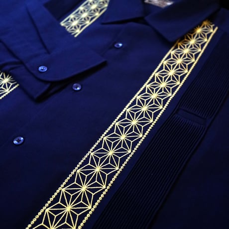 【9月下旬】【予約商品】【長袖】【 ESGS-04L-NG 】【 L/S GUAYABERA 】【 REJILLADA ASA 】【 麻の葉柄 】【 NAVY x GOLD 】【紺x金】