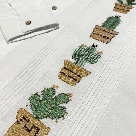 【2027年7月31日までにお届け】【受注生産】【長袖】【CACTUS 手刺繍】【HANDMADE】【ESGP-07L-W】【L/S GUAYAMISA】【WHITE】【白】