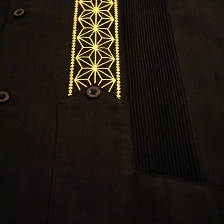 【2027年7月31日までにお届け】【受注生産】【長袖】【 ESGS-04L-BG 】【 L/S GUAYABERA 】【REJILLADA ASA】【麻の葉柄】【BLACK x GOLD】