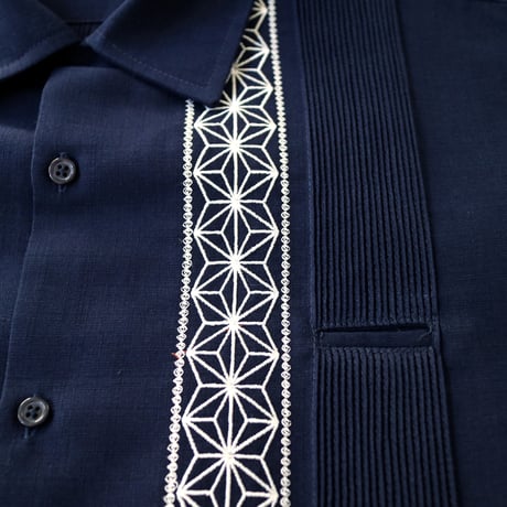 【2027年7月31日までにお届け】【受注生産】【長袖】【 ESGS-04L-NS 】【 L/S GUAYABERA 】【 REJILLADA ASA 】【 麻の葉柄 】【 NAVYxSILVER 】