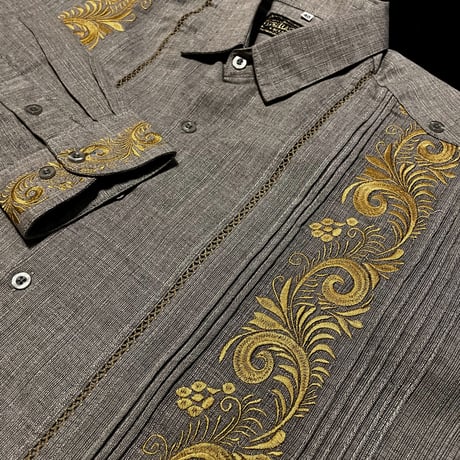【長袖】【袖刺繍】【ESG-T30L-GRG】【 L/S GUAYAMISA 】【 GRAY x GOLD】【 グレーx金】