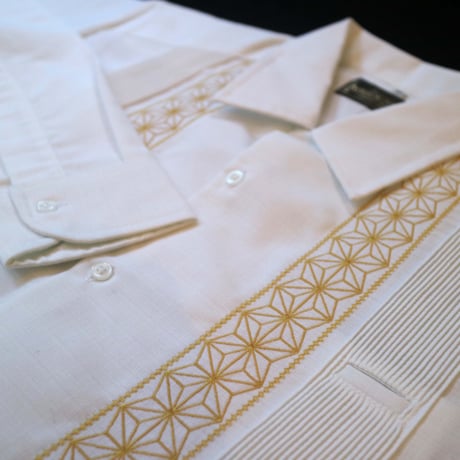 【2027年7月31日までにお届け】【受注生産】【長袖】【 ESGS-04L-WG 】【 L/S GUAYABERA 】【REJILLADA ASA】【麻の葉柄】【 WHITE x GOLD 】