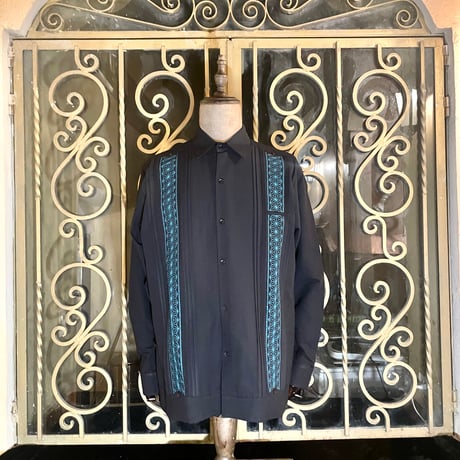 【長袖】【麻の葉柄】【 ESGS-10L-BJA】【 L/S GUAYAMISA ASA 】【BLACKxJADE】 【黒x翡翠】