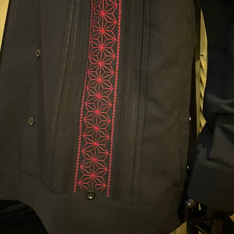 【長袖】【麻の葉柄】【 ESGS-10L-BBU】【 L/S GUAYAMISA ASA 】【BLACKxBURGUNDY】 【黒x臙脂色】
