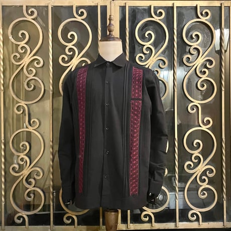 【長袖】【麻の葉柄】【 ESGS-10L-BBU】【 L/S GUAYAMISA ASA 】【BLACKxBURGUNDY】 【黒x臙脂色】