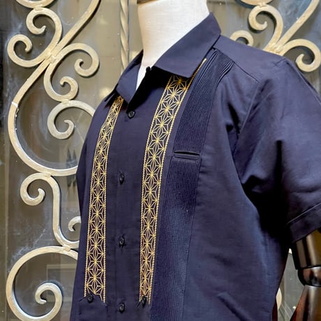 【2027年7月31日までにお届け】【受注生産】【半袖】【 ESGS-04S-BG 】【 S/S GUAYABERA 】【 REJILLADA ASA 】【麻の葉柄】【BLACK x GOLD】