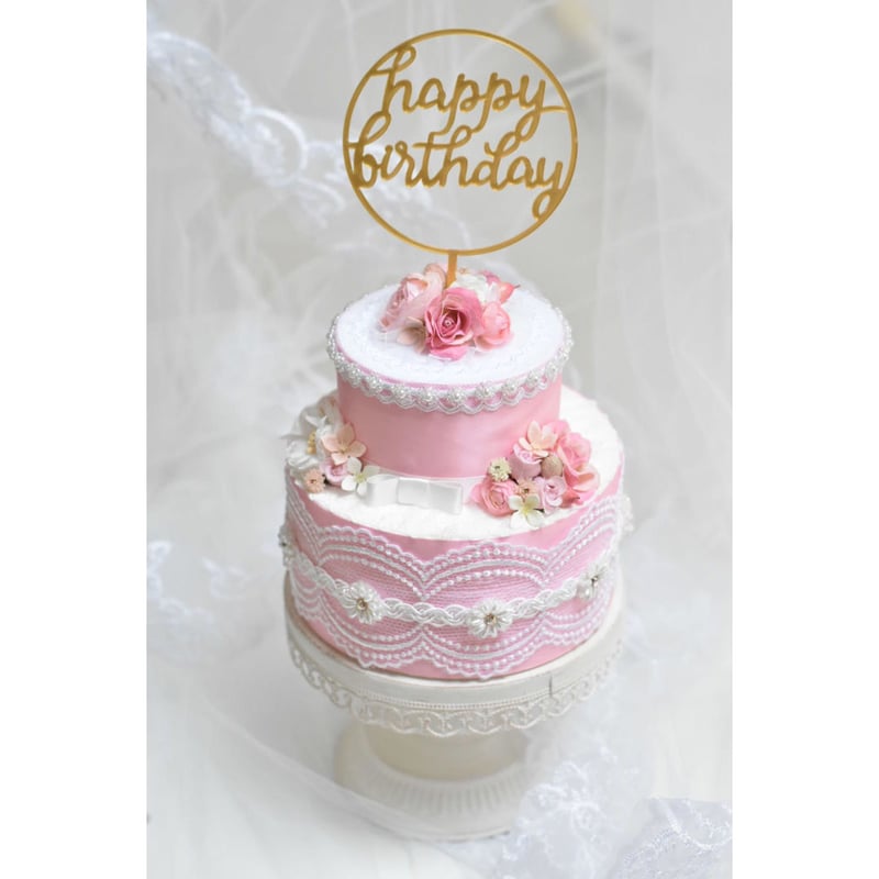 天使のピンク2段ケーキ　誕生日　バースデー　ウエディング