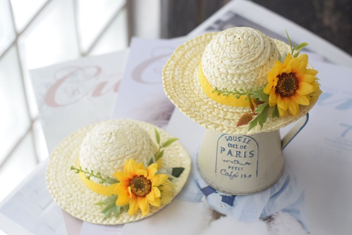 お花の麦わら帽子　3点セット　ペット用 お花の麦わら帽子 3点セット ペット用