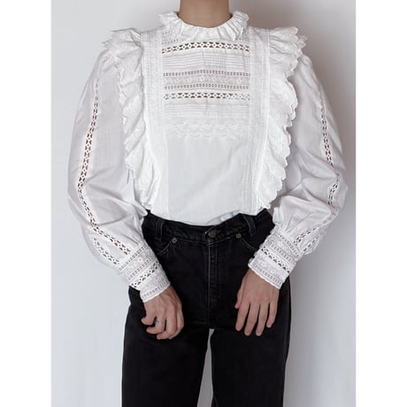 80's Euro Vintage Cutwork Lace Frill Design Blouse