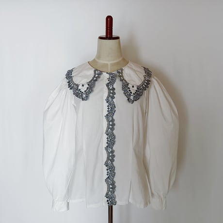 80's Euro Vintage Cotton Embroidery Large Collar Blouse
