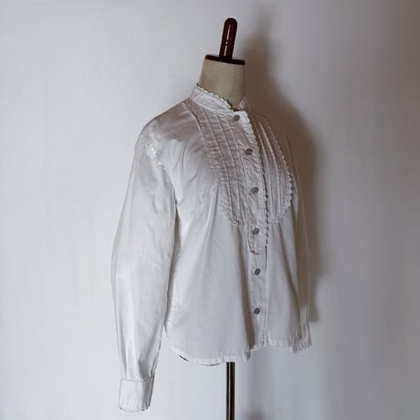 70's Euro Vintage Cotton Stand Collar Pleated Design Blouse
