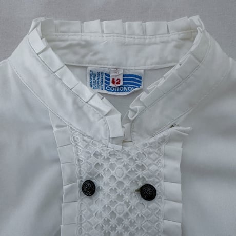 70's Euro Vintage Double Buttons Pleated Design Stand Collar Blouse