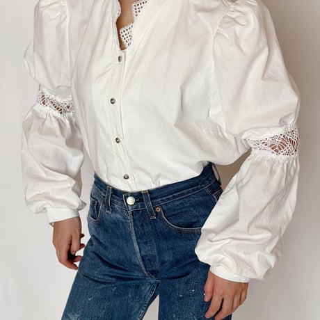 80's Euro Vintage Cotton Puff Sleeve Design Blouse