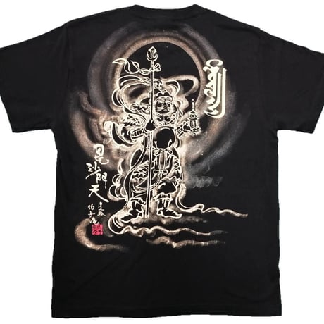 手描きTシャツ 仏画 No.6 毘沙門天 黒 綿生地 (半袖 長袖)