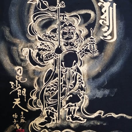 手描きTシャツ 仏画 No.6 毘沙門天 黒 綿生地 (半袖 長袖)