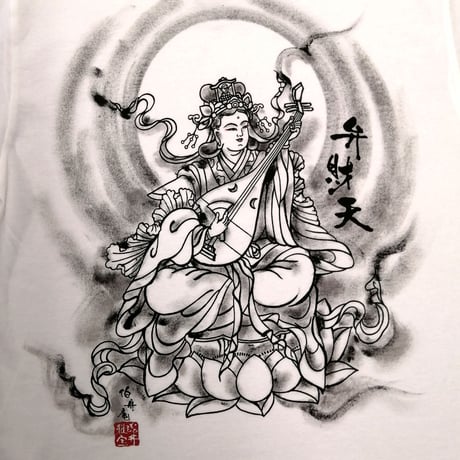 手描きTシャツ 仏画 No.18 弁財天 白