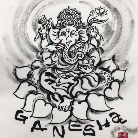 手描きTシャツ 仏画 No.14 ガネーシャ 白