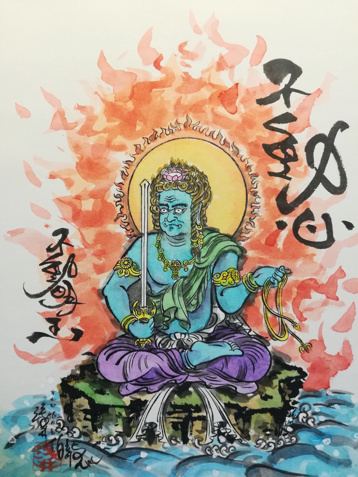 作者不詳/不動明王図/滝に不動図/仏画/滝に人物図/掛軸☆宝船☆AH-776 掛軸☆不動明王図 祥仙画☆高さ：約176cm | 刺繍不動