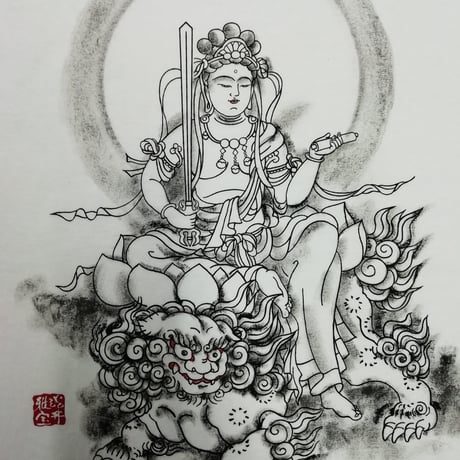 手描きTシャツ 仏画 No.17 文殊菩薩 白