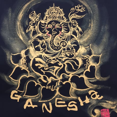 手描きTシャツ 仏画 No.14 ガネーシャ 黒