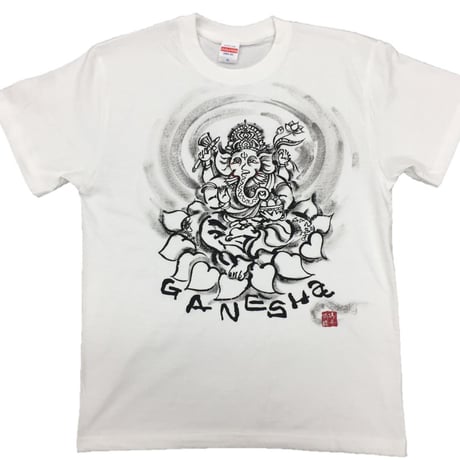 手描きTシャツ 仏画 No.14 ガネーシャ 白