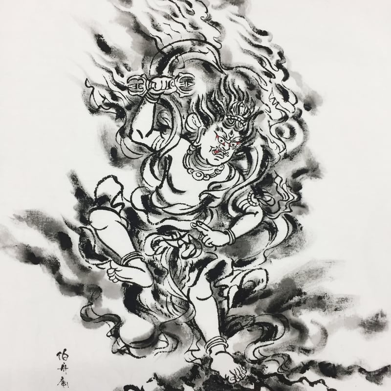 あこ　　手描き仏像線画アート 大日如来 仏画 開運アート A3 額縁付き｜尾九 オリジナルイラスト