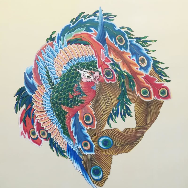 赤絵細描風アート「鳳凰図」イラスト原画 赤絵細描風アート