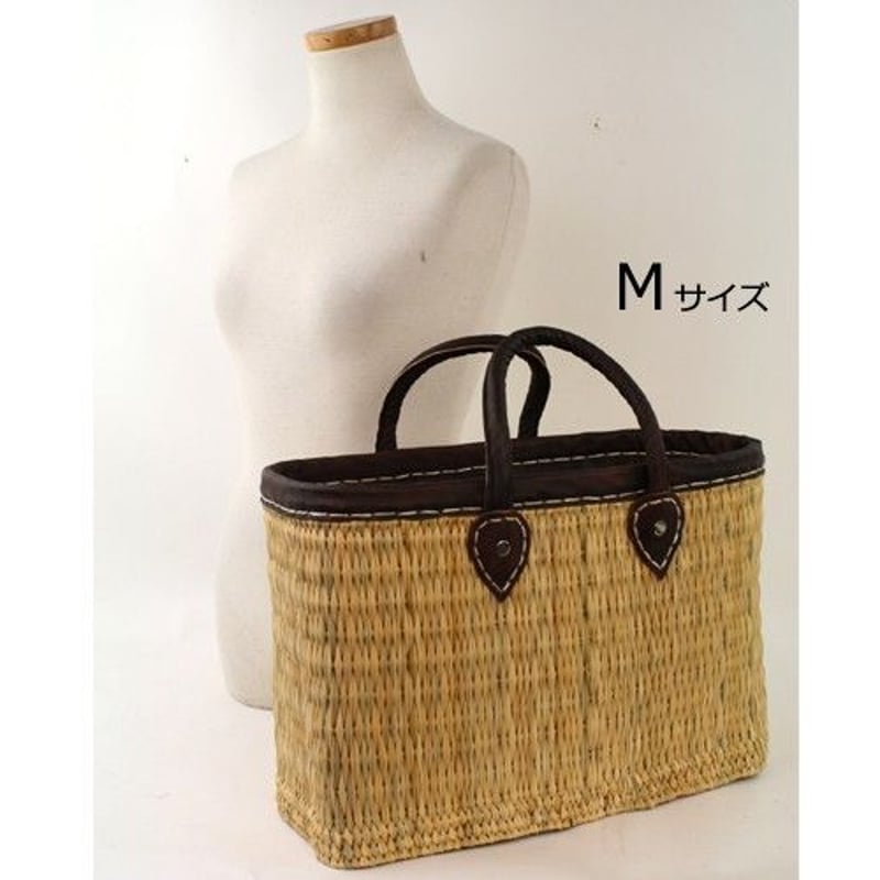 モロッコ現地手づくり】ストローかごバッグ革縁 ダークブラウン 【M