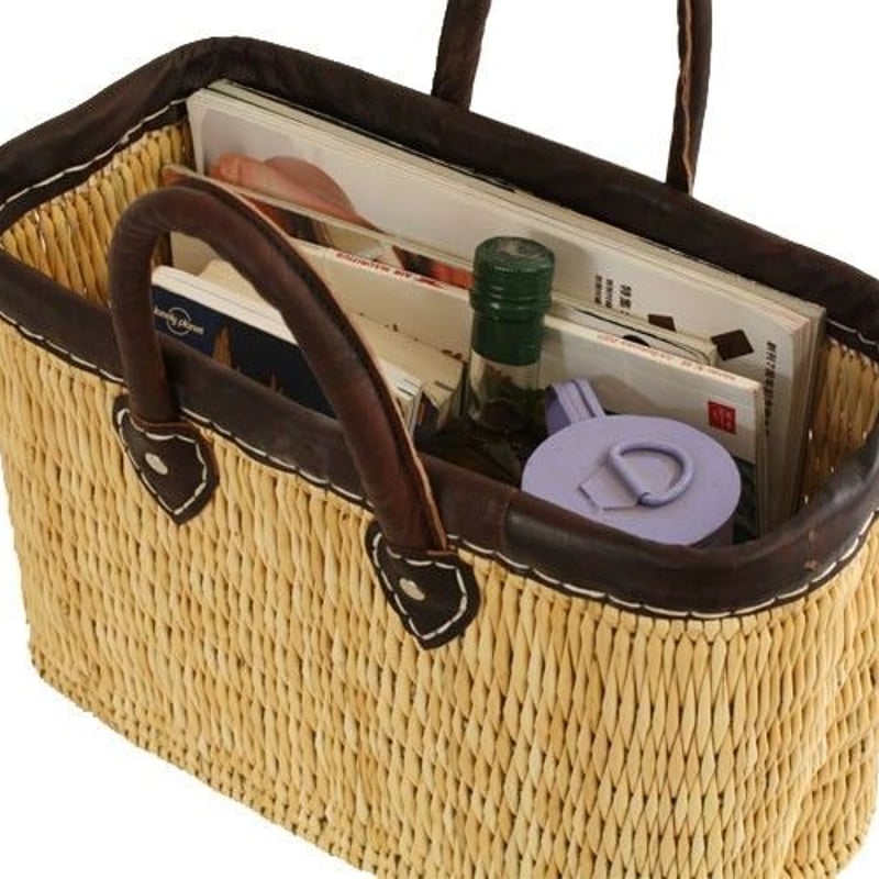 モロッコ現地手づくり】ストローかごバッグ革縁 ダークブラウン 【M