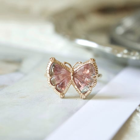 bi-color tourmaline butterfly carving ring