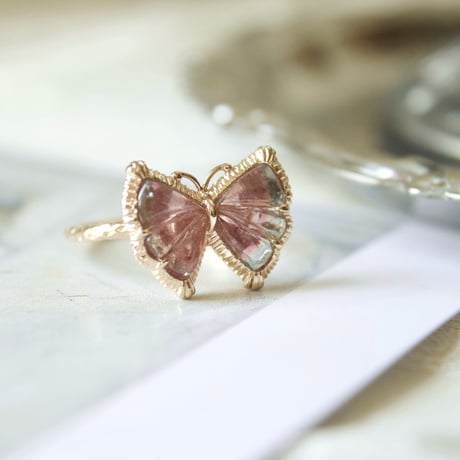 bi-color tourmaline butterfly carving ring