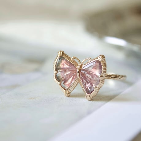 bi-color tourmaline butterfly carving ring