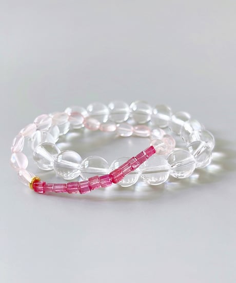 ピンクトルマリン＆ローズクォーツ＆18KYGビーズブレスレット（約16.0cm）